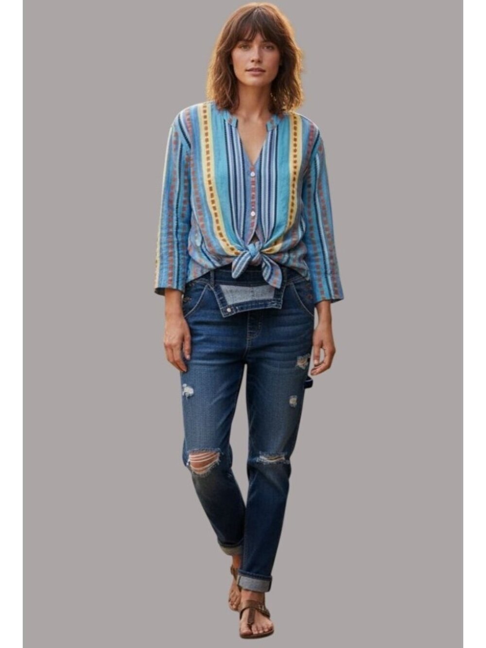 NWT Pearl & Caviar Blue Striped Rustic Lagenlook Alonissos ZAKAR Shirt Size S